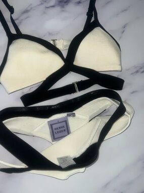 Herve Leger White and Black Contrast Bikini Set low rise bandage 2 piece bikini